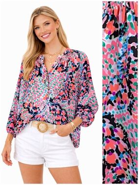 Lilly Pulitzer Silk Blouse M Colorful Print Smocked Neck Coastal Preppy Top